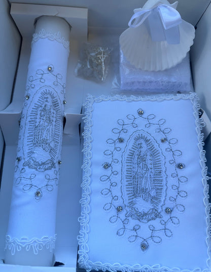 Baptism White Silver Virgin Mary Embroidered Candle Set