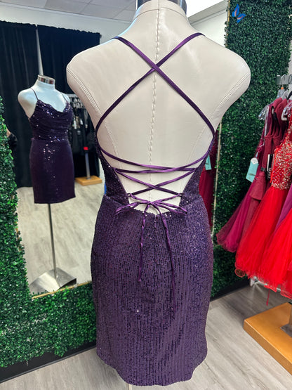 Purple Sequin Fitted Cowl Neck Dress
