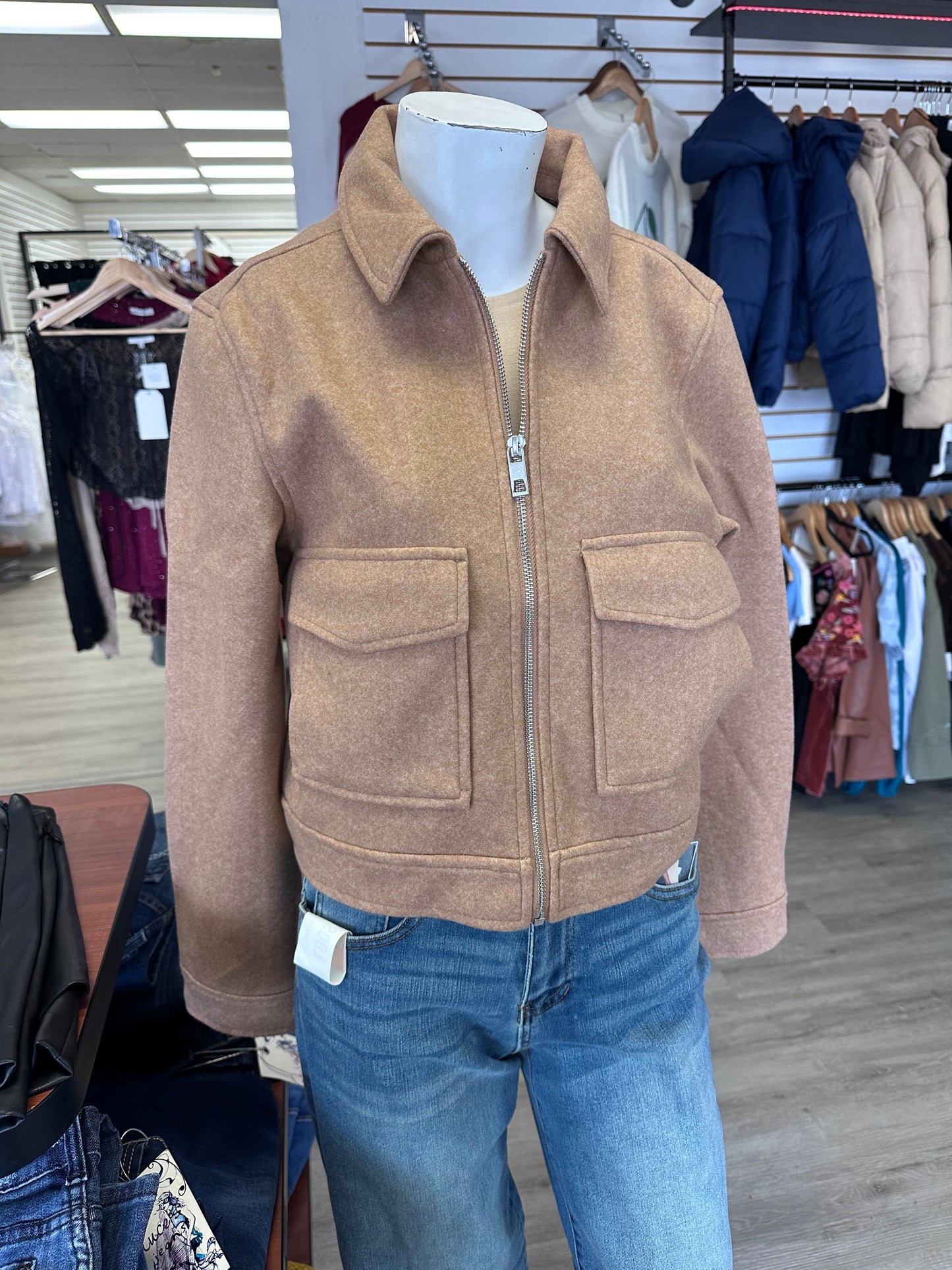 Camel Light Brown Zip Up Collared Boxy Cropped Casual Jacket