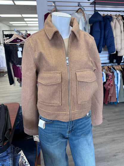 Camel Light Brown Zip Up Collared Boxy Cropped Casual Jacket