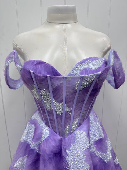 Purple Lavendar Off the Shoulder Embellished Corset Flare Party Dress