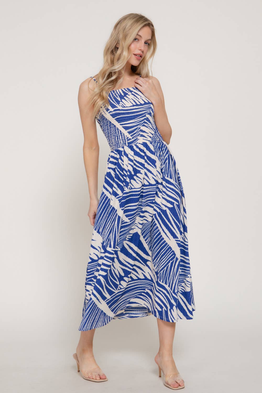 Smocking Detail Printed Texture Knit Cami Long Dress