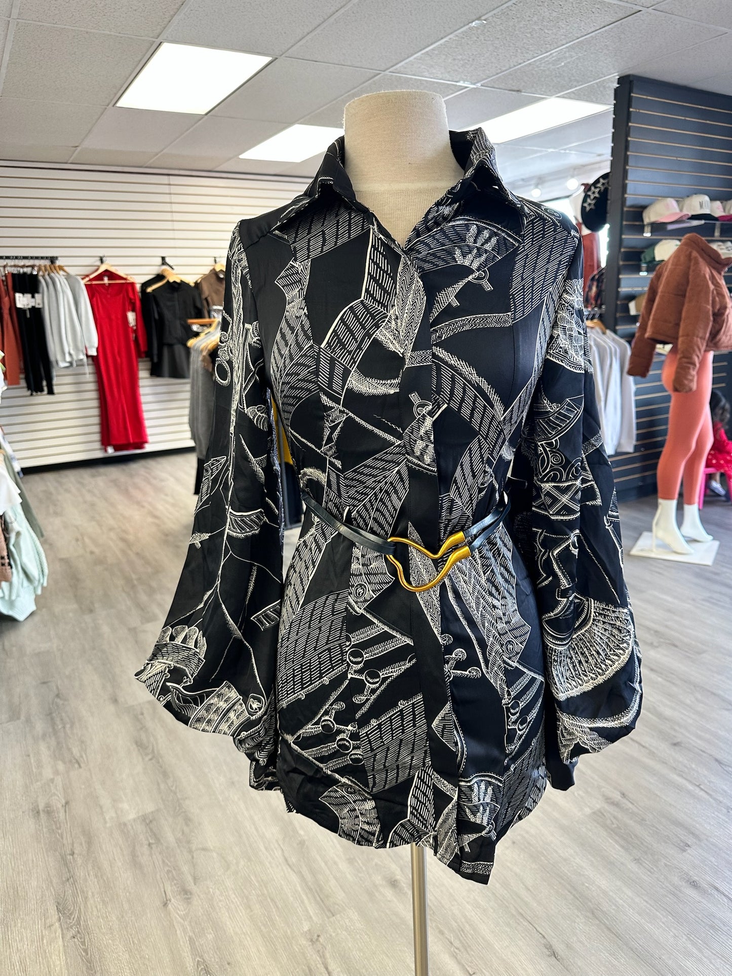 Black & White Button Up Belted Dress