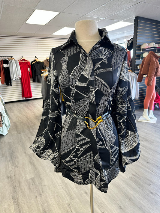 Black & White Button Up Belted Dress