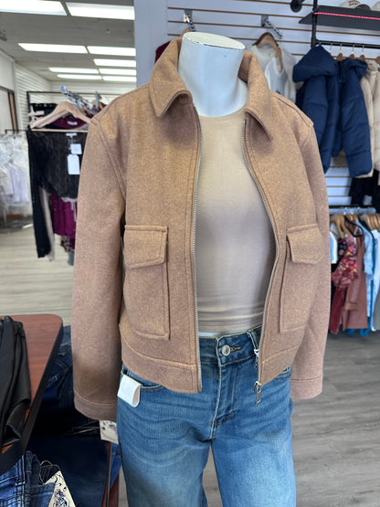 Camel Light Brown Zip Up Collared Boxy Cropped Casual Jacket