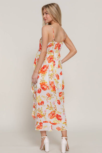 Floral Printed Ruffle Slip Midi Dress