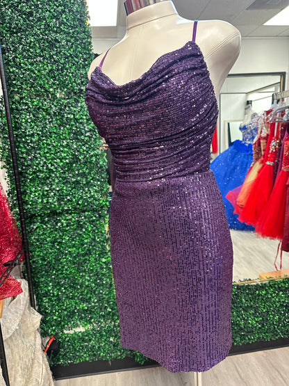 Purple Sequin Fitted Cowl Neck Dress