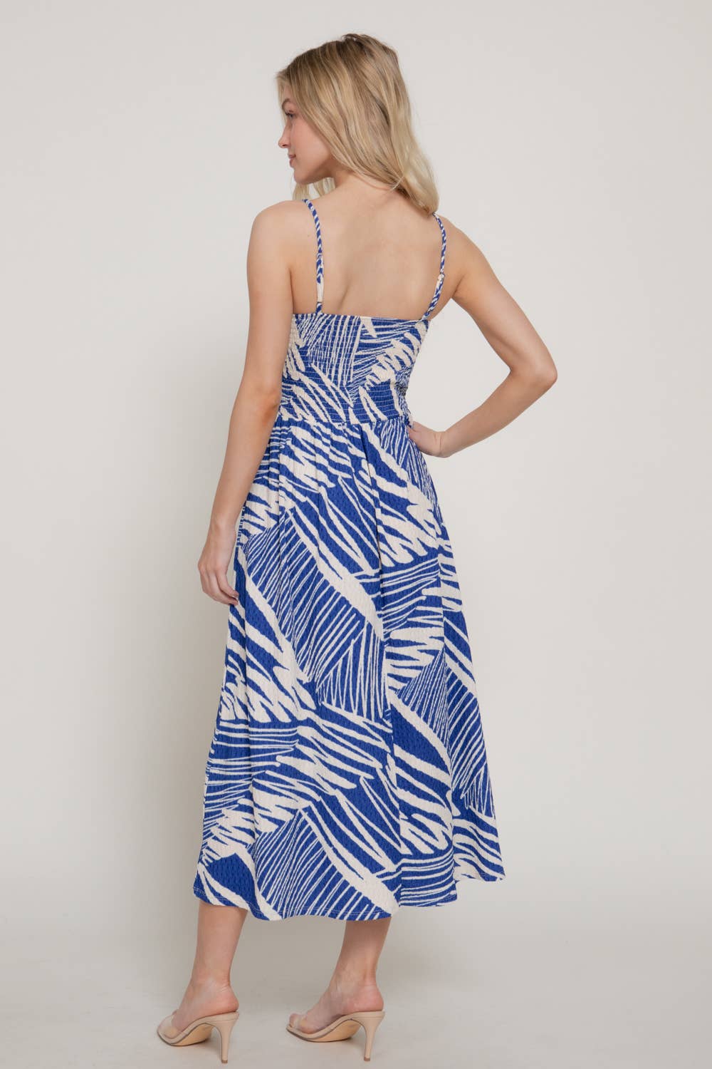 Smocking Detail Printed Texture Knit Cami Long Dress