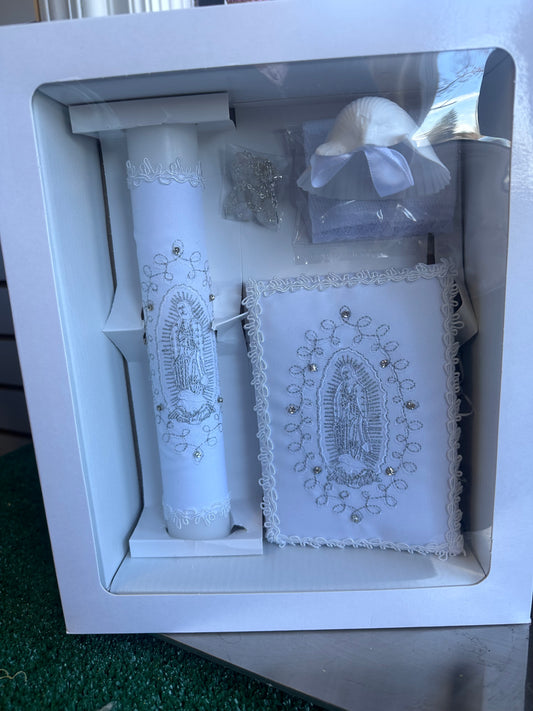 Baptism White Silver Virgin Mary Embroidered Candle Set