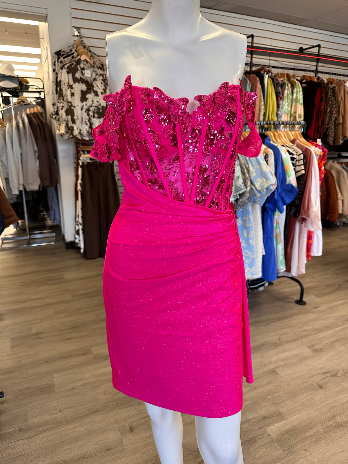 Hot Pink Butterfly Fitted Dress