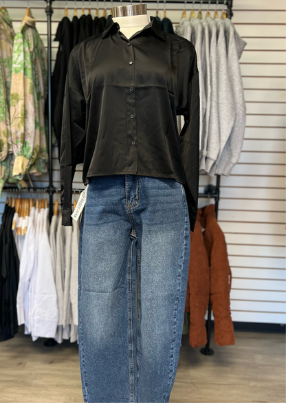 The Black Satin Cropped Button Up Blouse