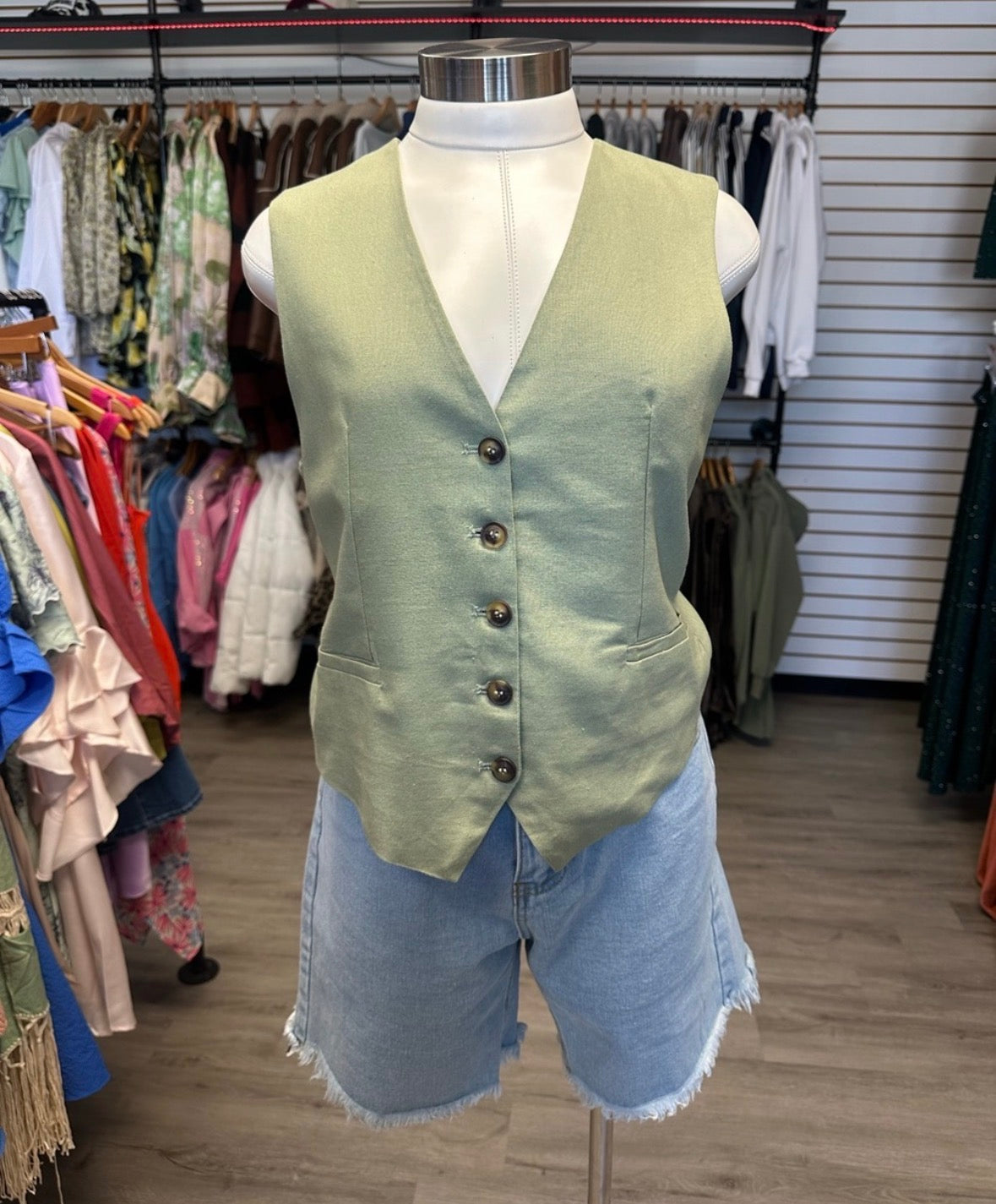 Green Linen Button Up Vest