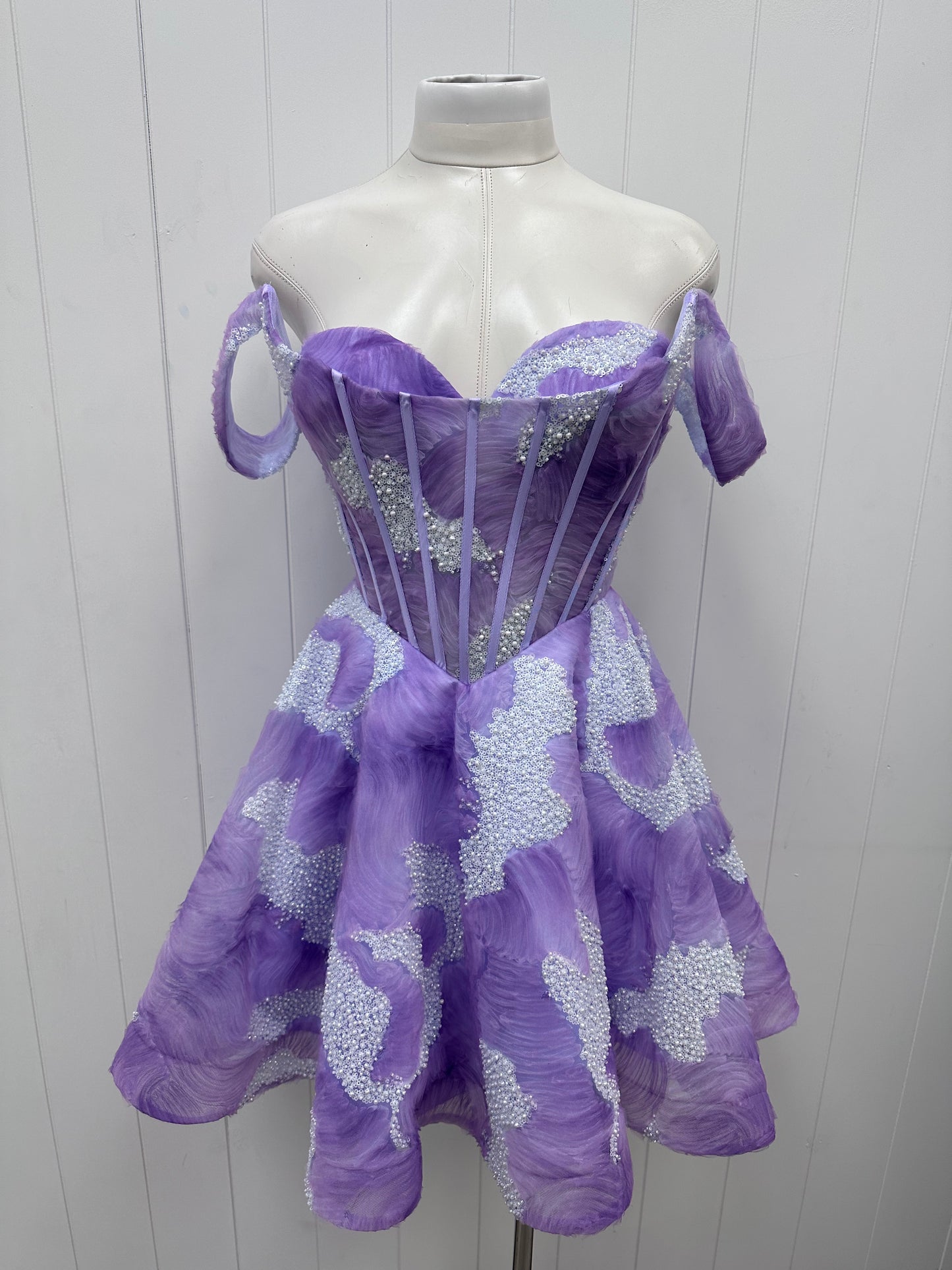 Purple Lavendar Off the Shoulder Embellished Corset Flare Party Dress