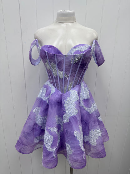 Purple Lavendar Off the Shoulder Embellished Corset Flare Party Dress
