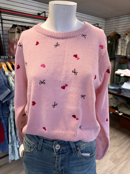 Light Pink Heart Embroidered Sweater
