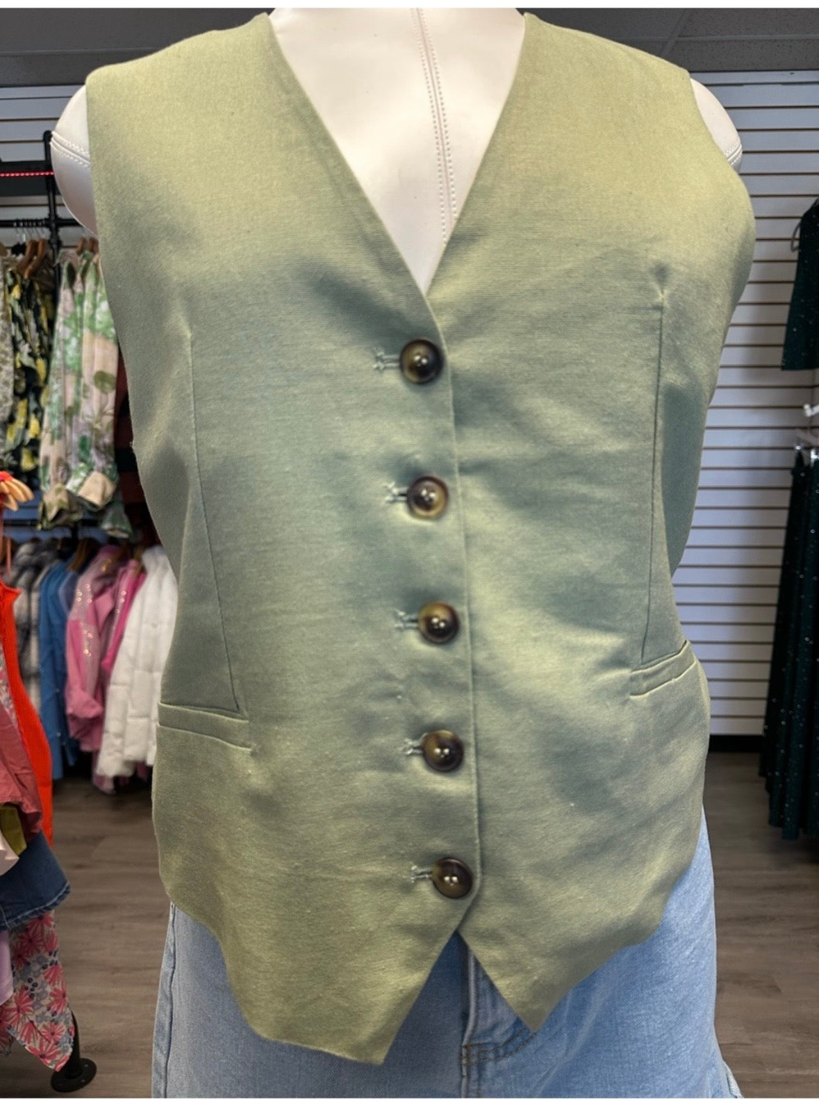 Green Linen Button Up Vest
