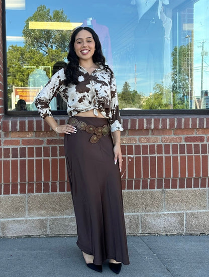 Chocolate Brown Satin Maxi Skirt