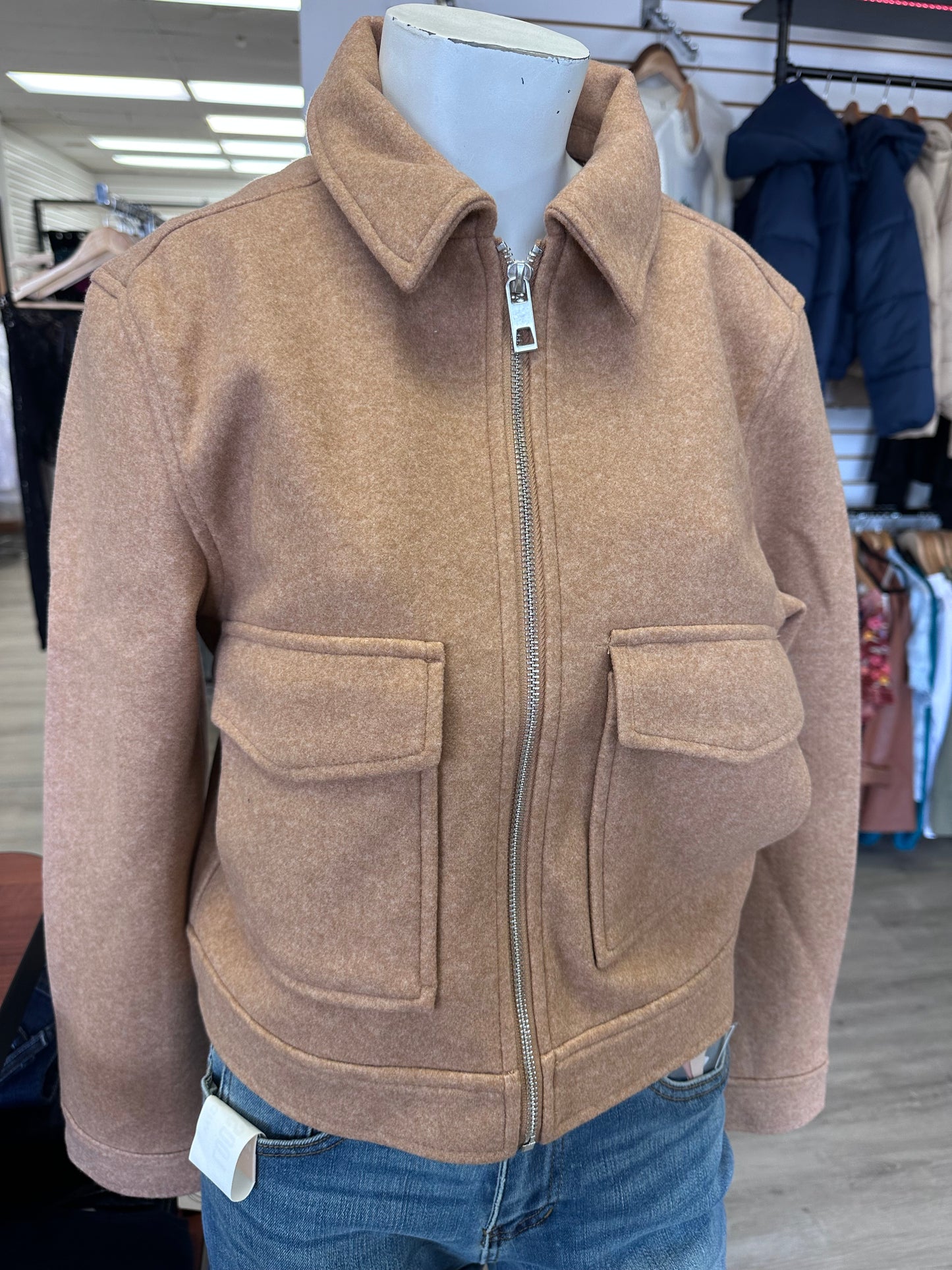 Camel Light Brown Zip Up Collared Boxy Cropped Casual Jacket