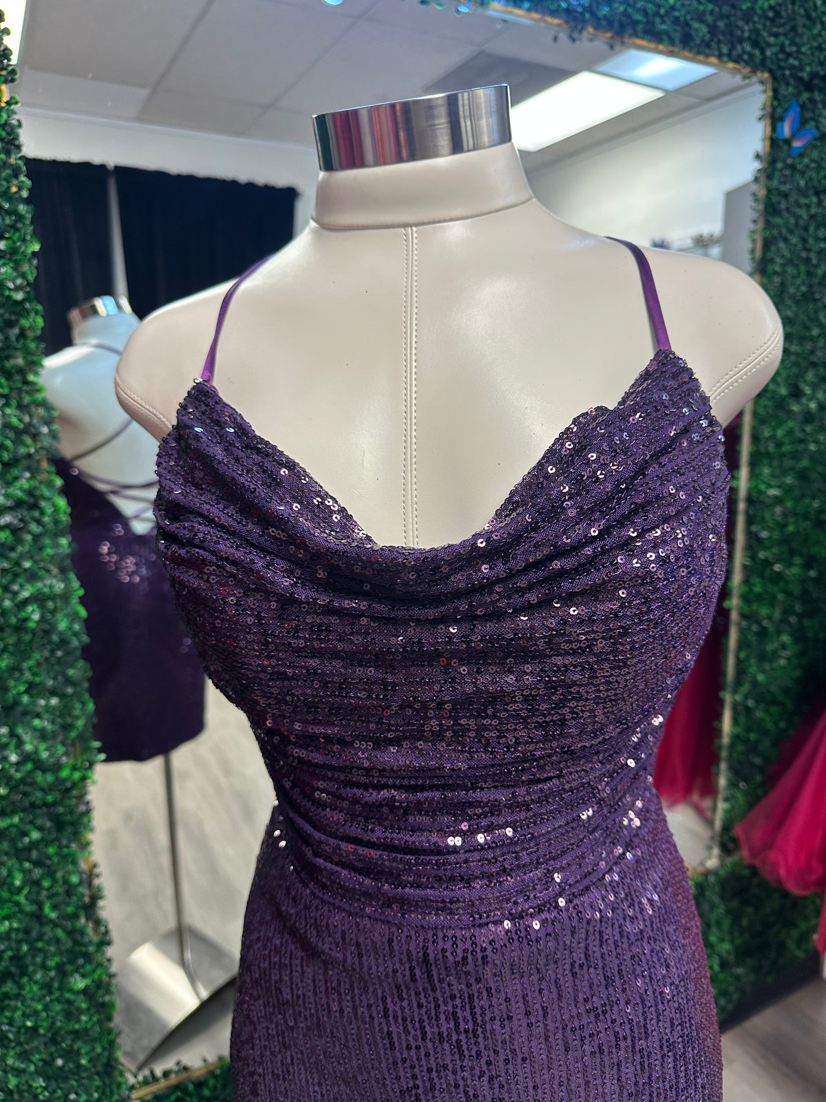 Purple Sequin Fitted Cowl Neck Dress