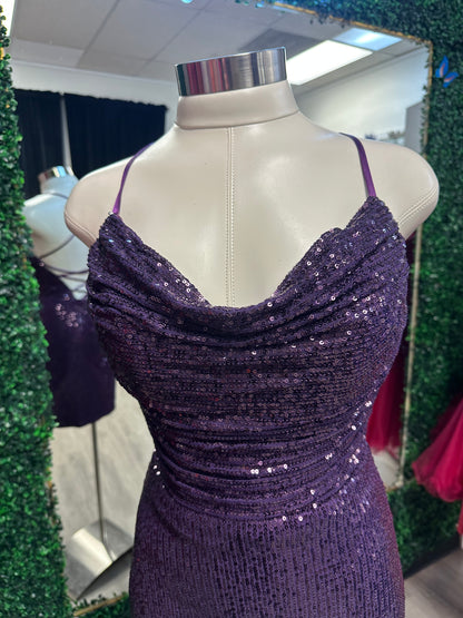 Purple Sequin Fitted Cowl Neck Dress