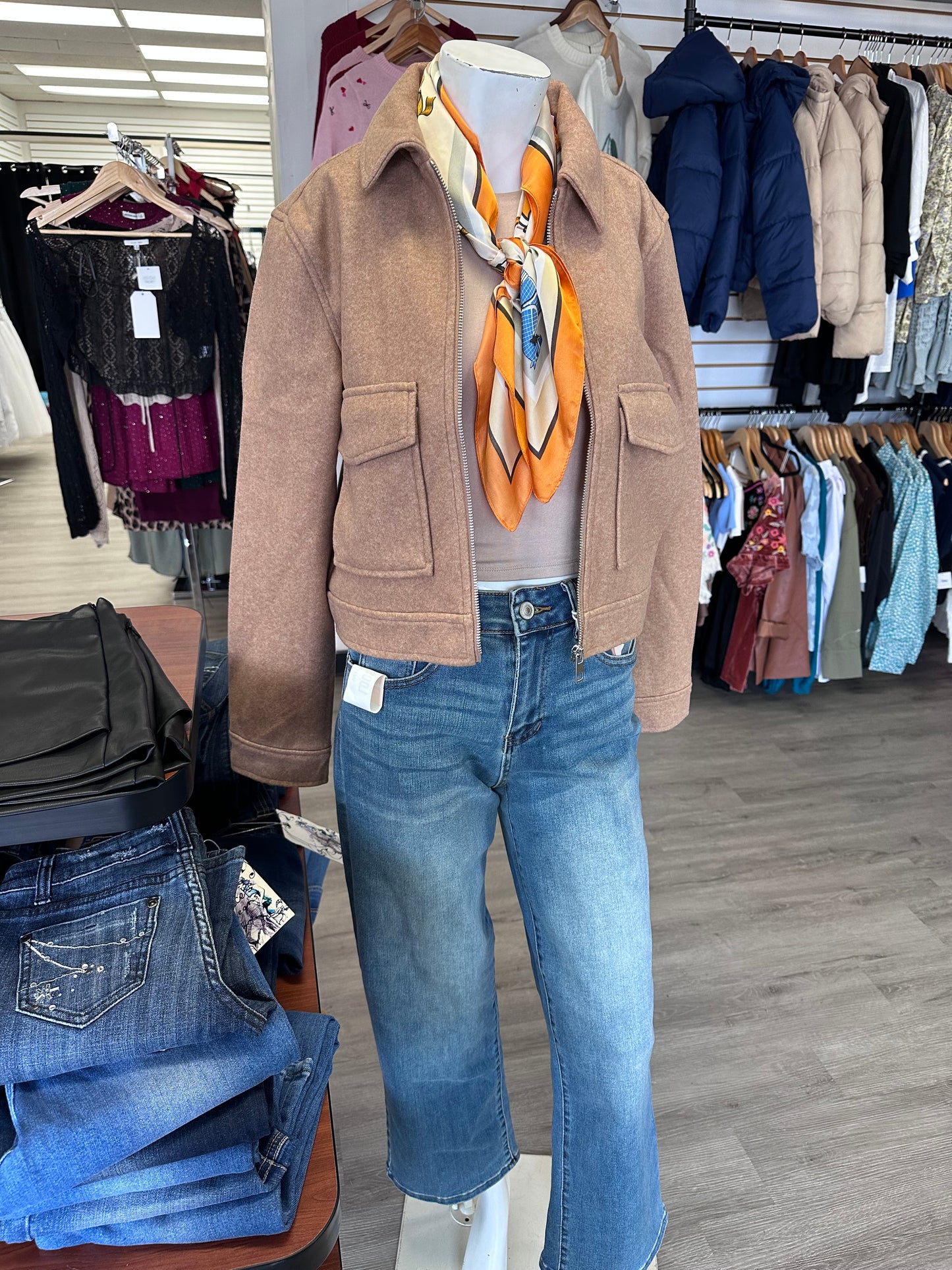 Camel Light Brown Zip Up Collared Boxy Cropped Casual Jacket