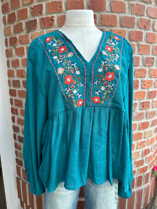 Teal Floral Embroidered Blouse