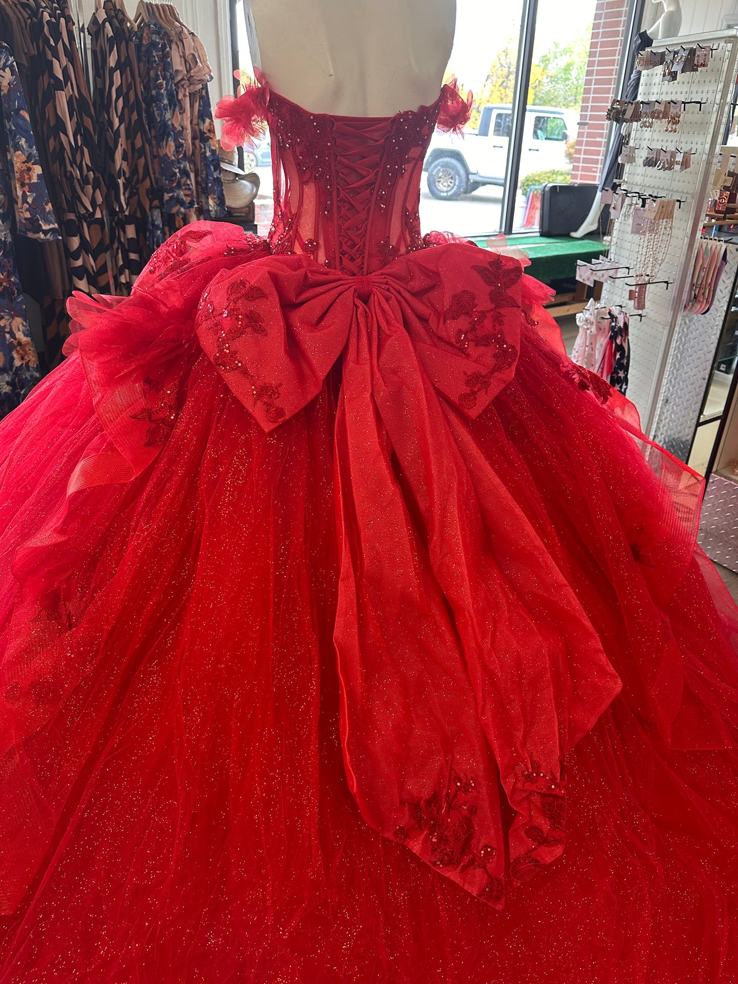 Red Corset Bow Quinceanera Dress
