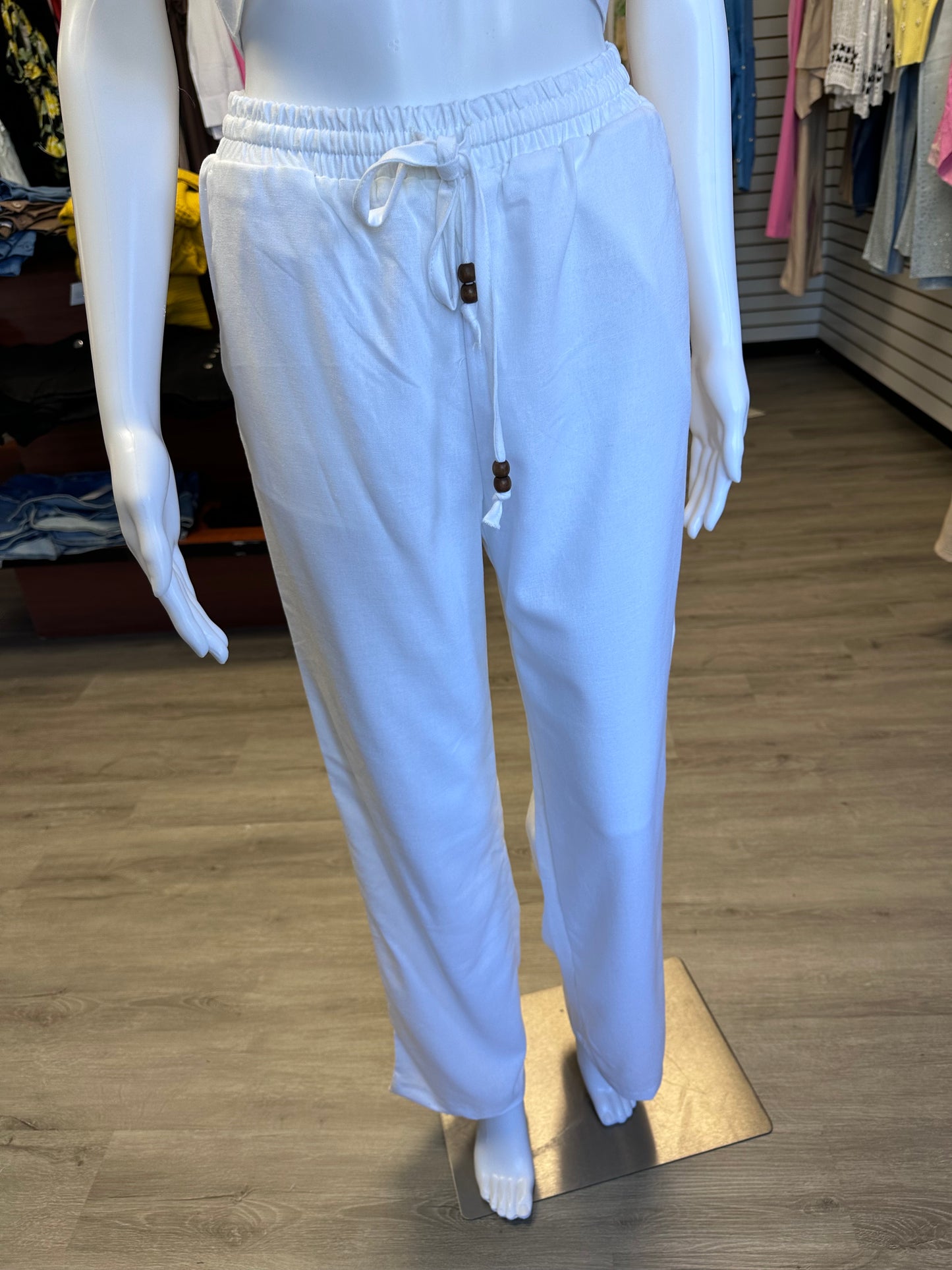 White Linen Beaded Pants
