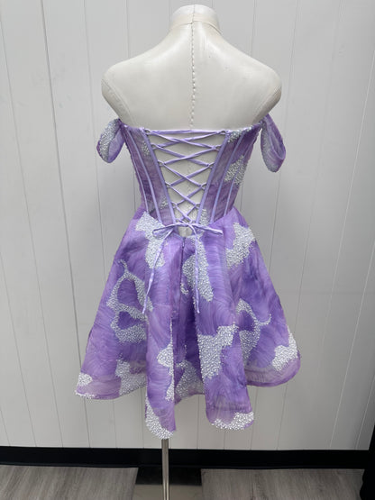 Purple Lavendar Off the Shoulder Embellished Corset Flare Party Dress