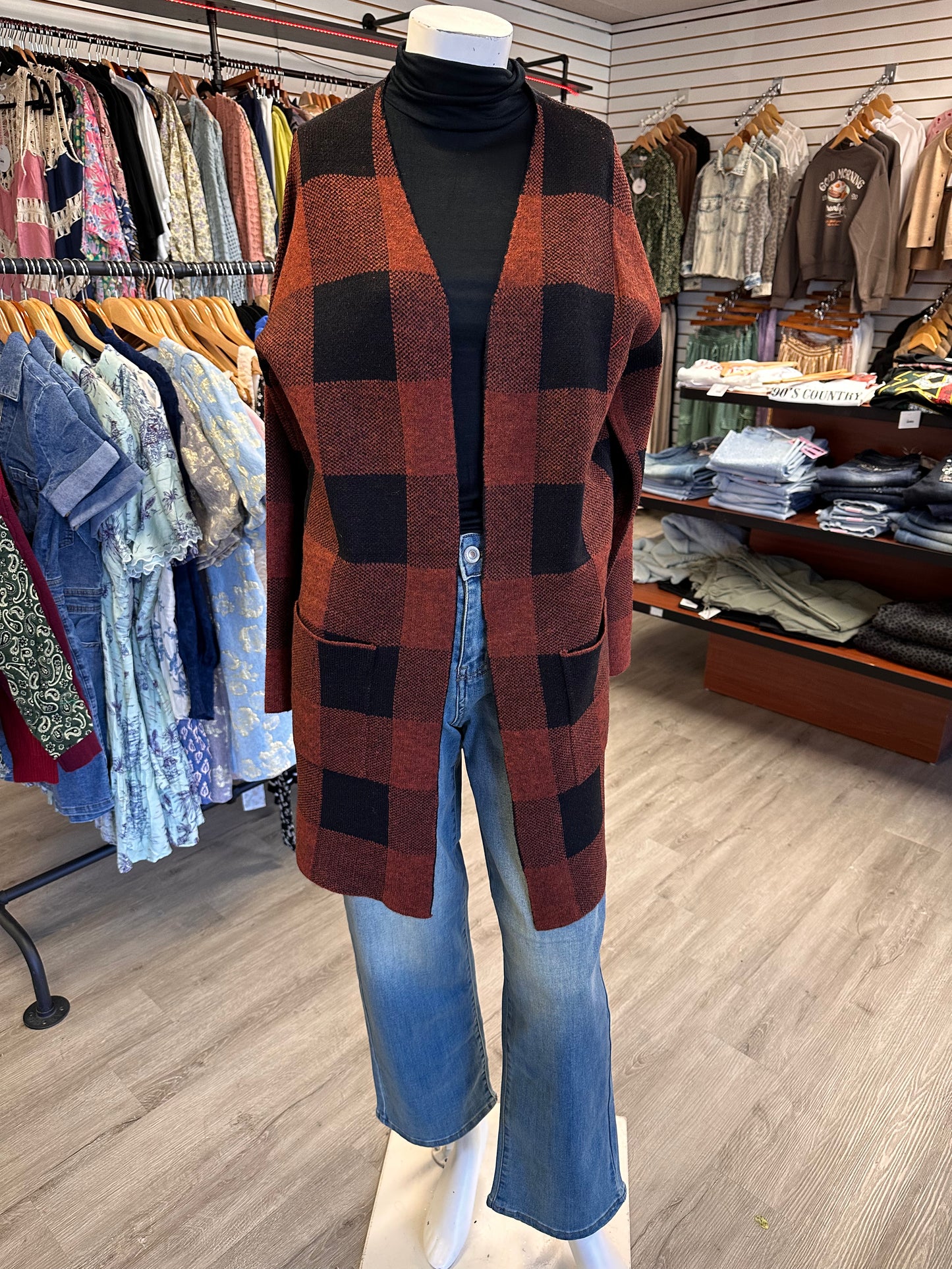 Rust Plaid Open Cardigan