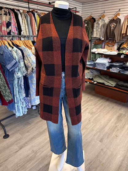 Rust Plaid Open Cardigan