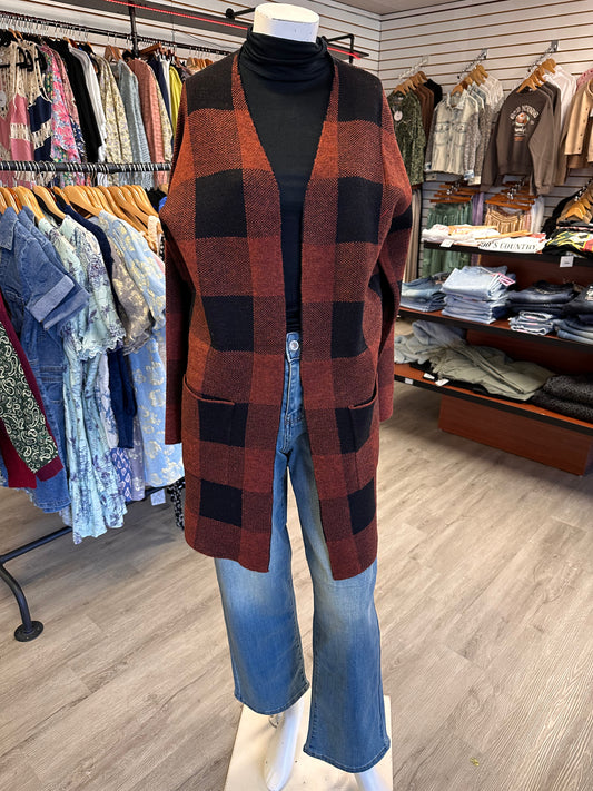 Rust Plaid Open Cardigan