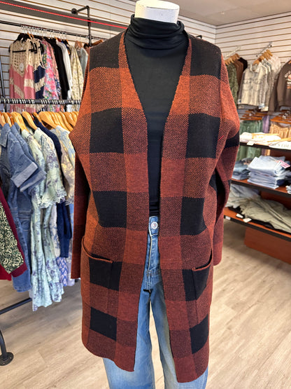 Rust Plaid Open Cardigan