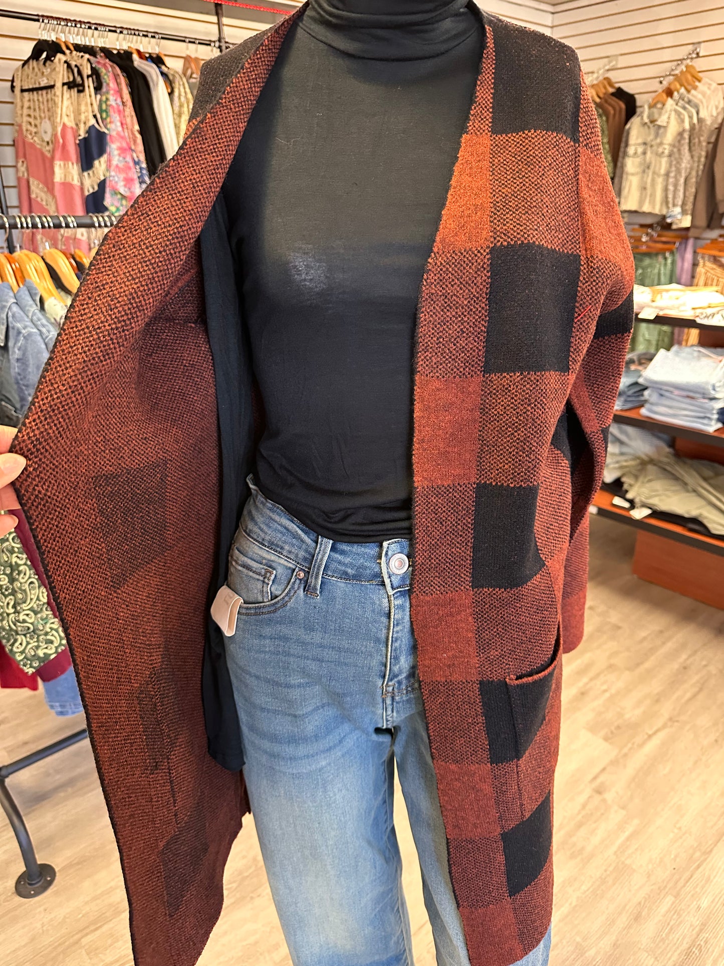 Rust Plaid Open Cardigan