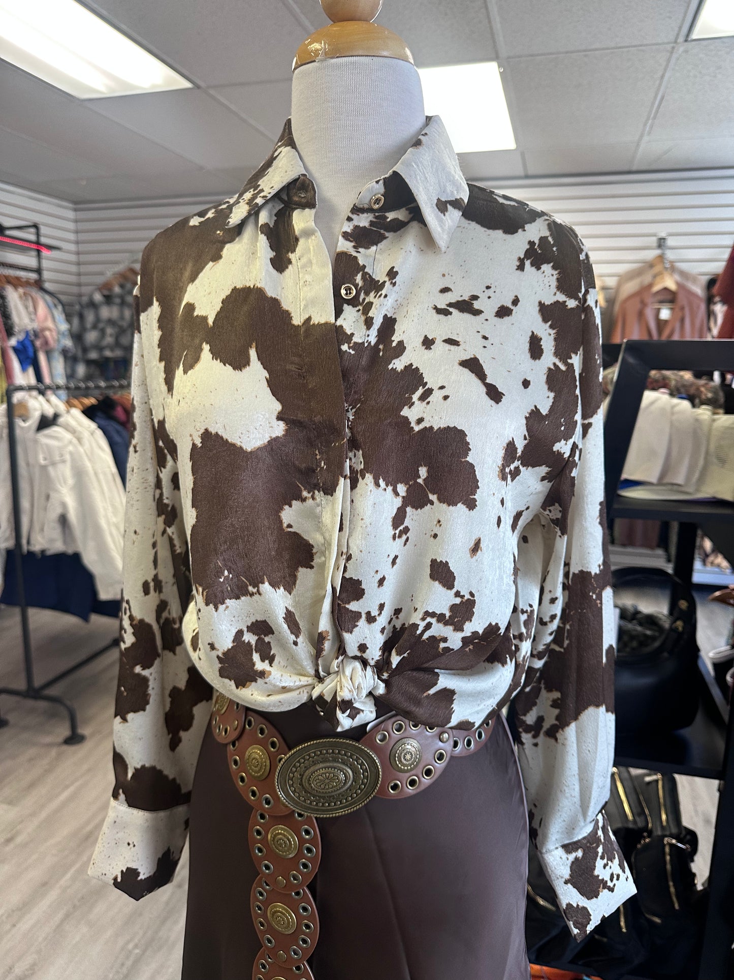 Brown Beige Western Cow Print Blouse