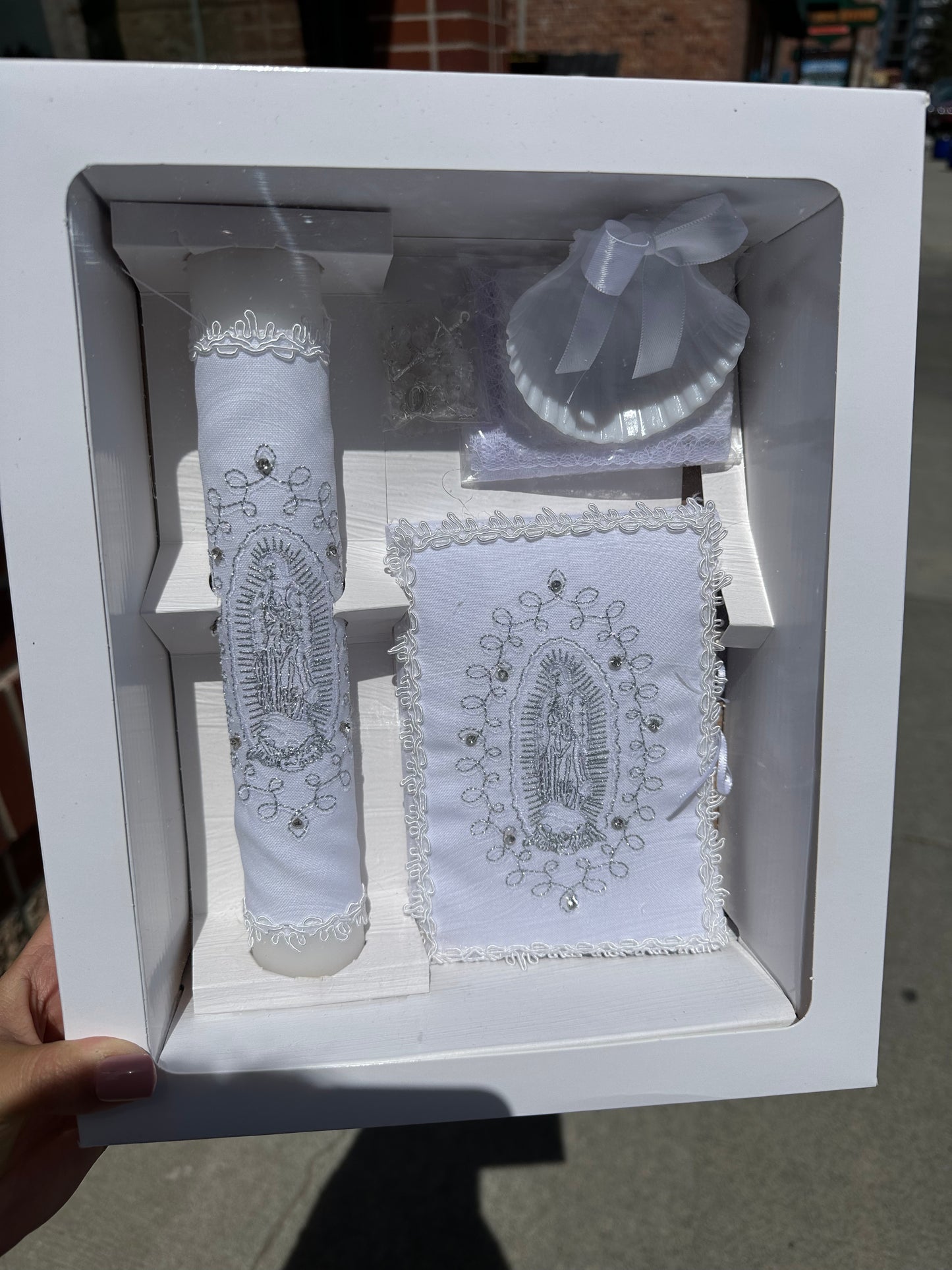 Baptism White Silver Virgin Mary Embroidered Candle Set