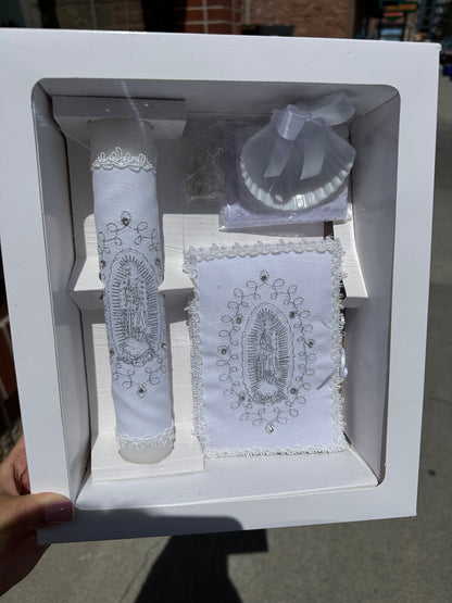 Baptism White Silver Virgin Mary Embroidered Candle Set