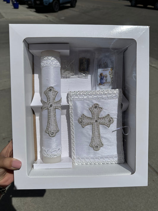 Communion Cross Embroidered Candle Set