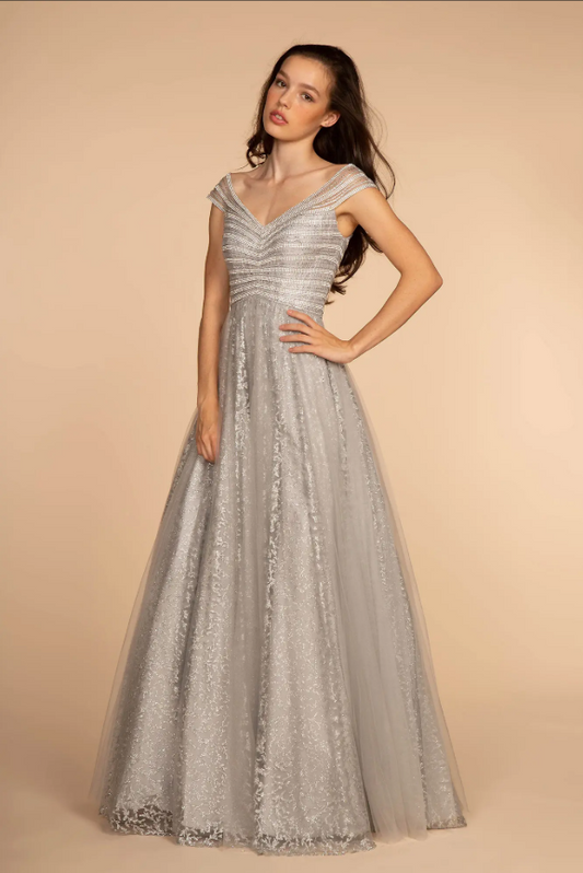 Silver Off the Shoulder Ballgown