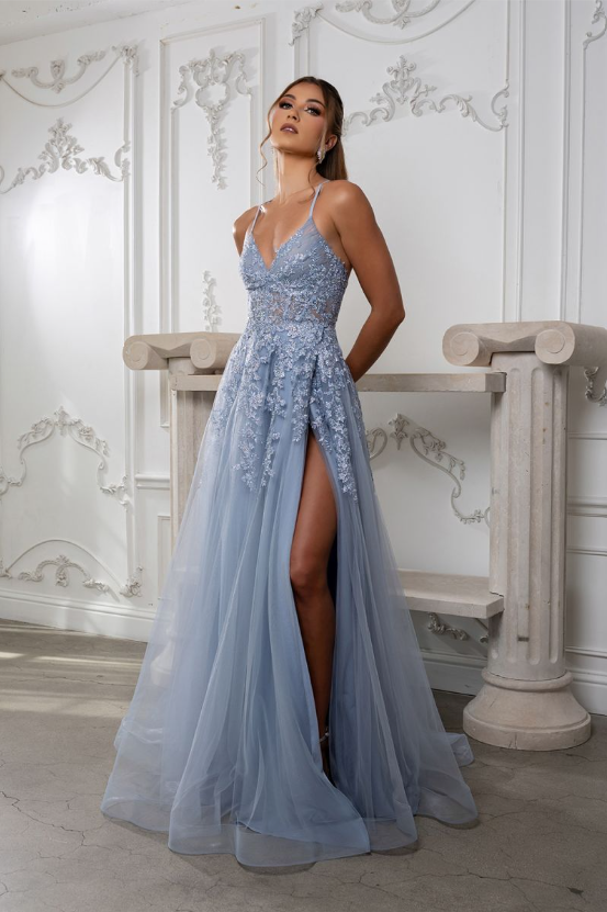 Dusty Blue Formal Floral Gown