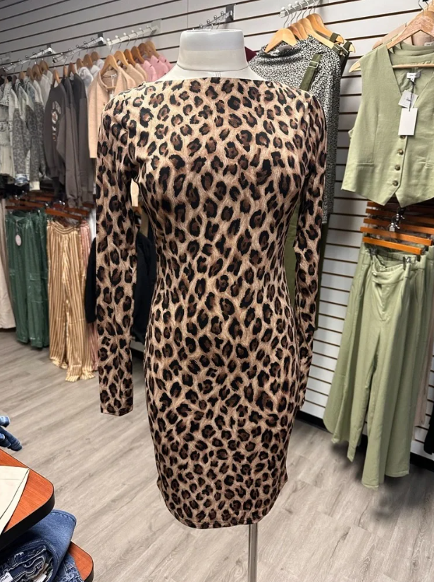 Animal Print Fitted Long Sleeve Dress