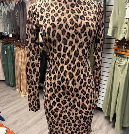 Animal Print Fitted Long Sleeve Dress