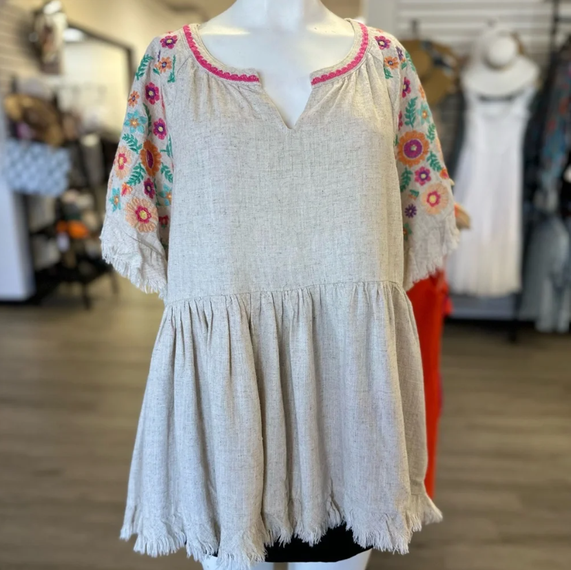 Umgee Embroidered Beige Shirt