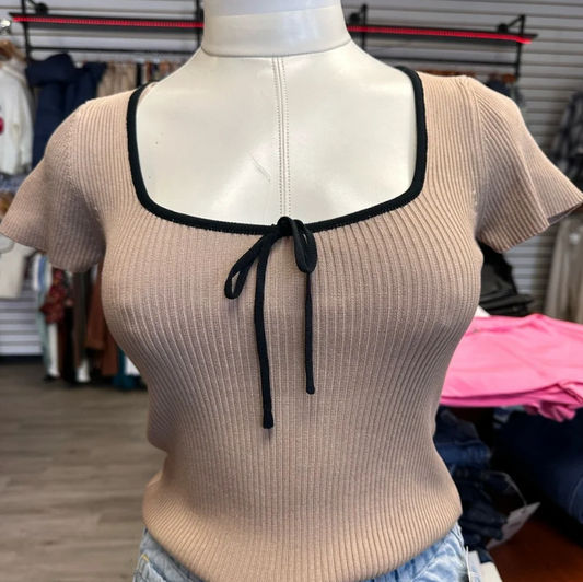 Tan Ribbed Crop with Black Bow