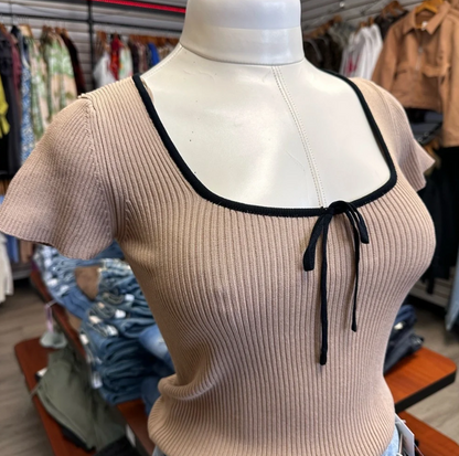 Tan Ribbed Crop with Black Bow