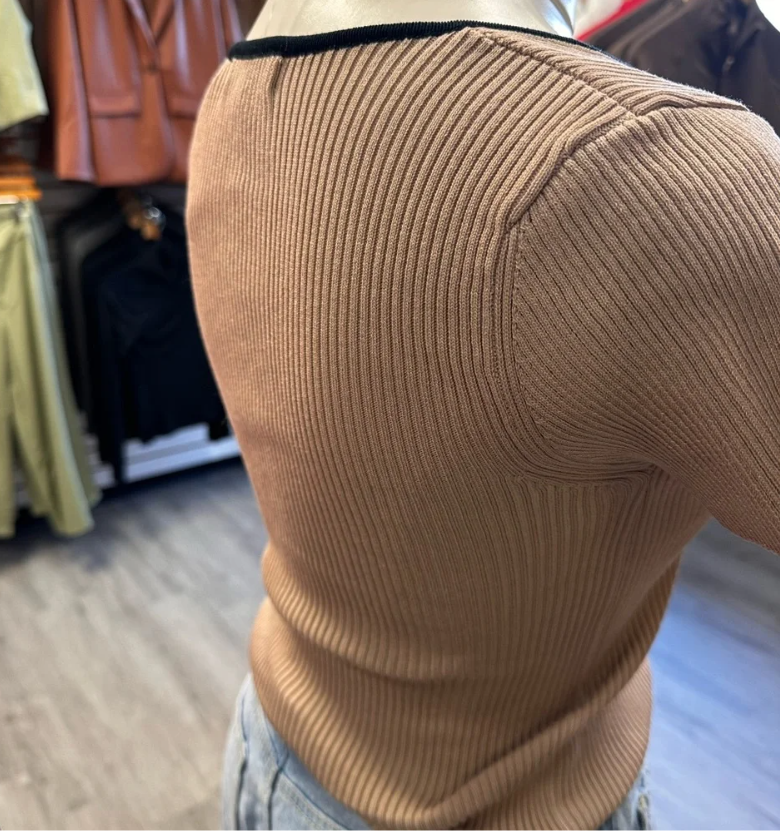 Tan Ribbed Crop with Black Bow
