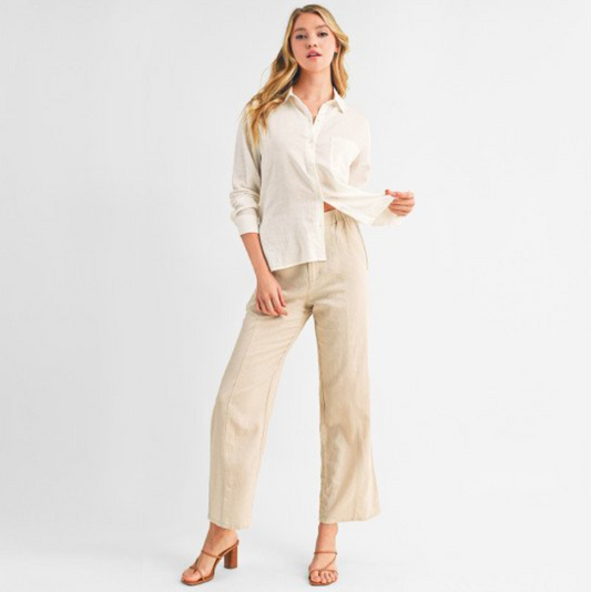 Beige Linen Blend Wide Leg Pant