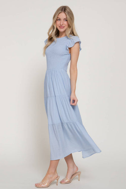 Ruffle Sleeve Crew Neck Smocked Detail Solid Tired Dress