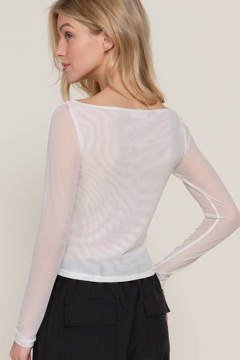Long Sleeve Boat Neck Double Layer Mesh Top