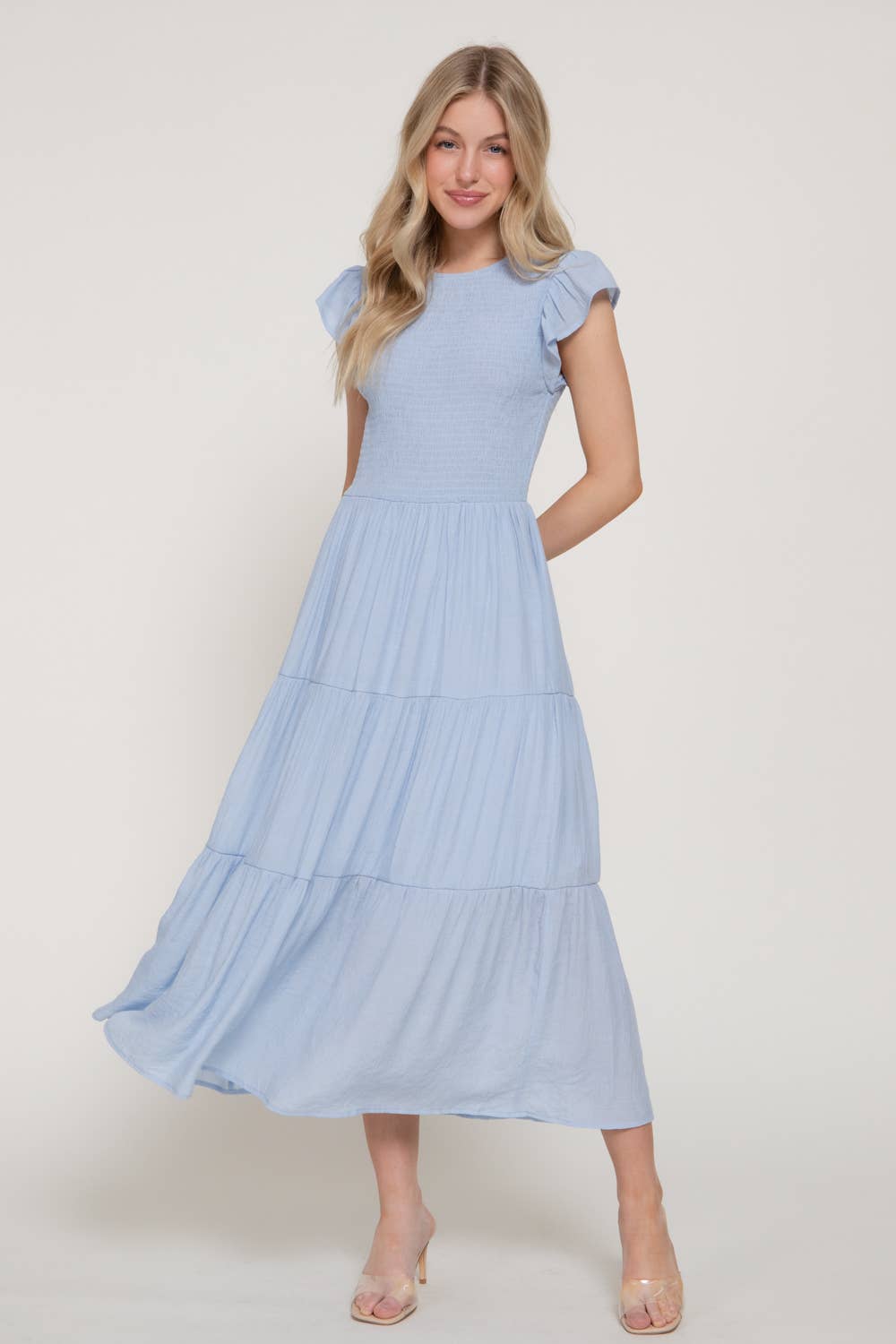 Ruffle Sleeve Crew Neck Smocked Detail Solid Tired Dress